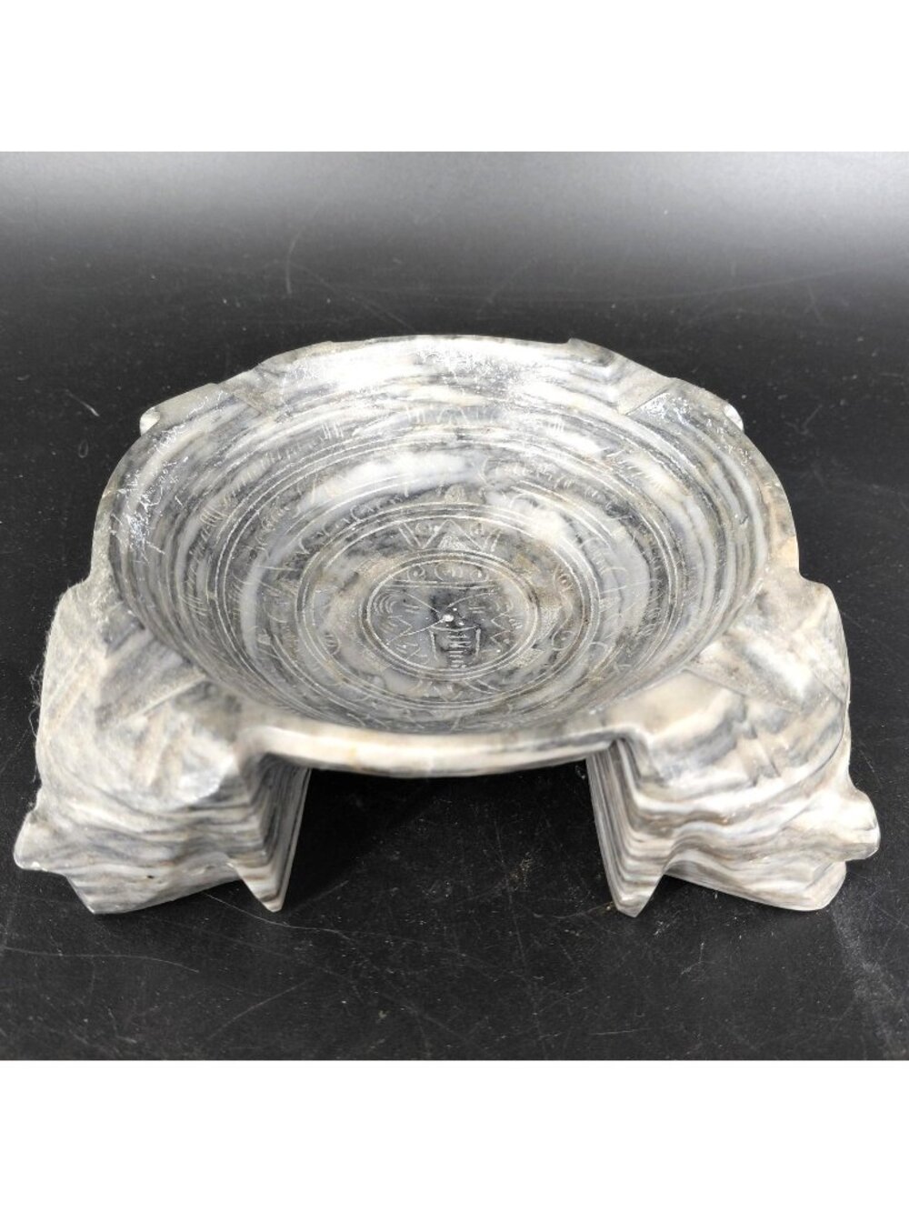 Unmarked Gray Marble Ashtray Carved Faces Round Bowl Traditional Stone Decor